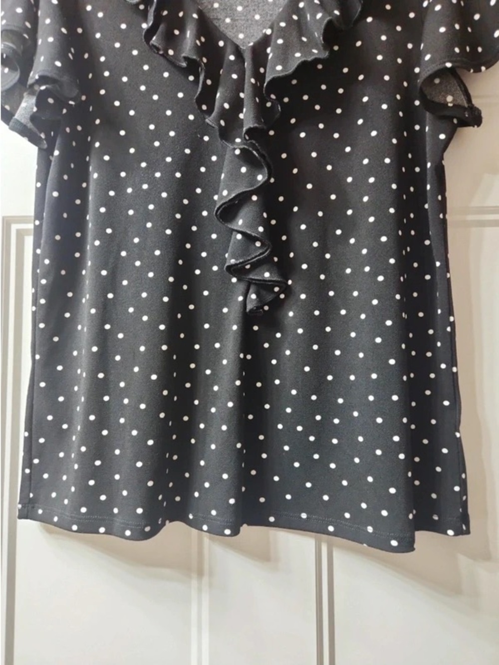 Adrianna Papell Black Polka Dot Ruffle V-Neck Blouse - Picture 4 of 5